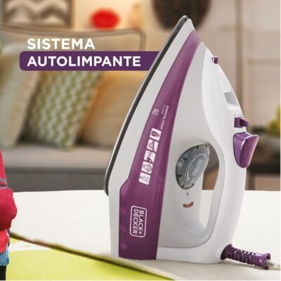 Black Decker Ferro de Passar Roupa, com Vaporizador, Base Antiaderente, Branco e Roxo, Modelo FX1000 - Image 6